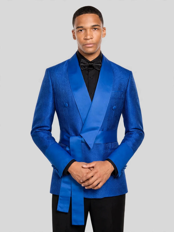 Royal Blue Ribbed-Weave Satin Shawl-Collar Sash-Belt Two-Button Double-Breasted Tuxedo Jacket 06