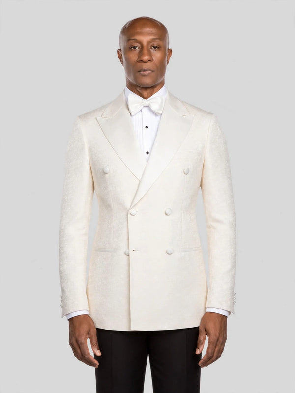 Cream Satin-Faced Peak-Lapel Six-Button Double-Breasted Tuxedo Jacket - cover