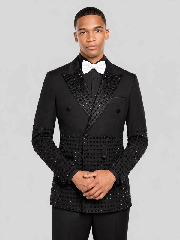 Onyx Jet Beaded-Grid Peak-Lapel Double-Breasted Tuxedo Jacket 05