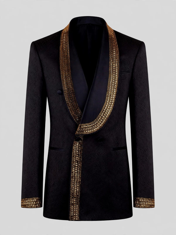 Onyx Gold Beaded-Grid Shawl-Collar Double-Breasted Tuxedo Jacket 07