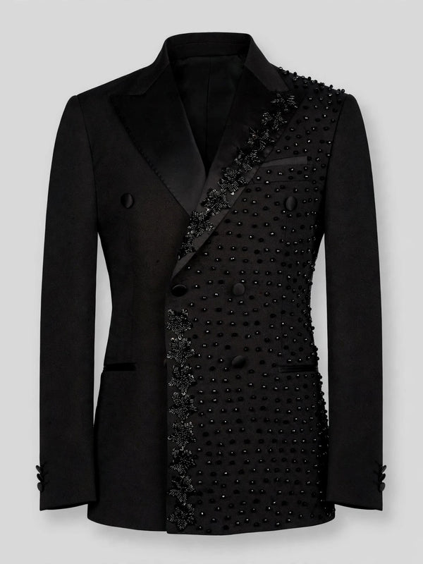Onyx Jet Half-Bead Diagonal Peak-Lapel Double-Breasted Tuxedo Jacket 07
