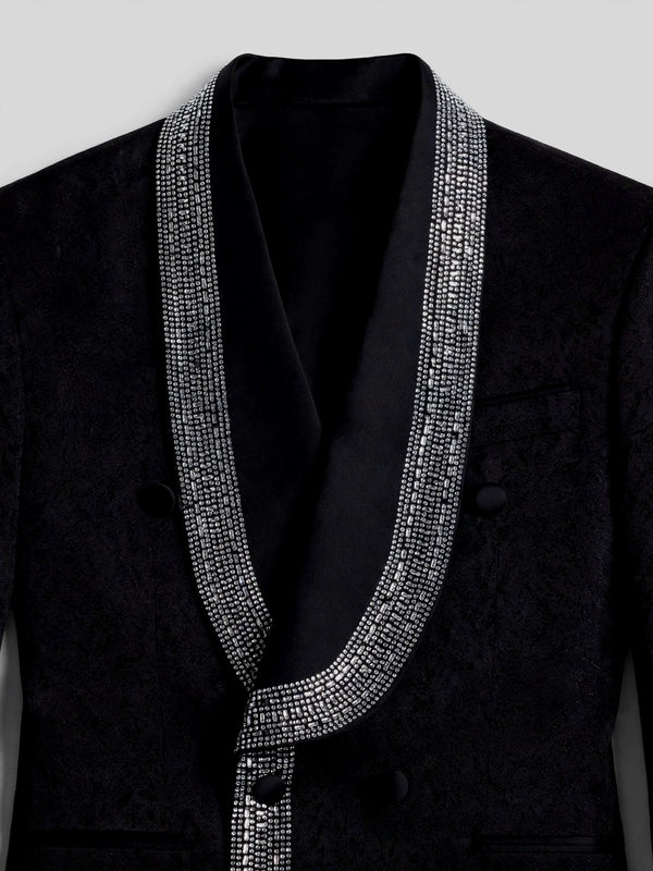 Onyx Silver Crystal-Grid Shawl-Collar Double-Breasted Tuxedo Jacket 08