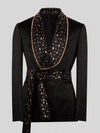 Onyx Gold Crystal Belted Shawl-Collar Double-Breasted Tuxedo Jacket 08
