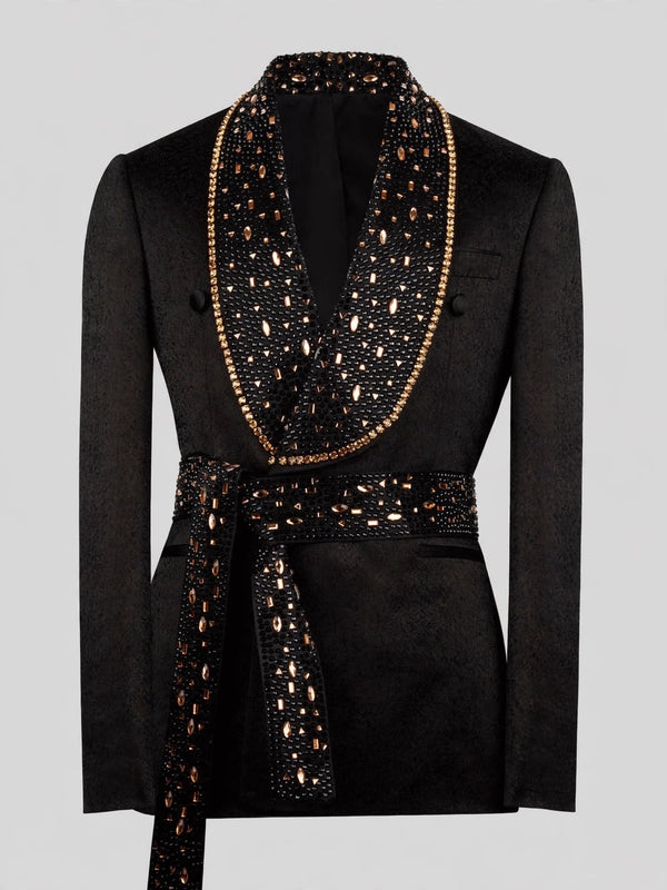 Onyx Gold Crystal Belted Shawl-Collar Double-Breasted Tuxedo Jacket 08
