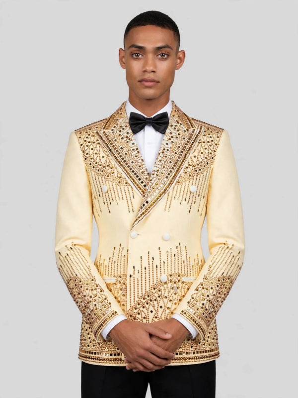 Cream Champagne Mirror-Stud Cascade Peak-Lapel Double-Breasted Tuxedo Jacket 02