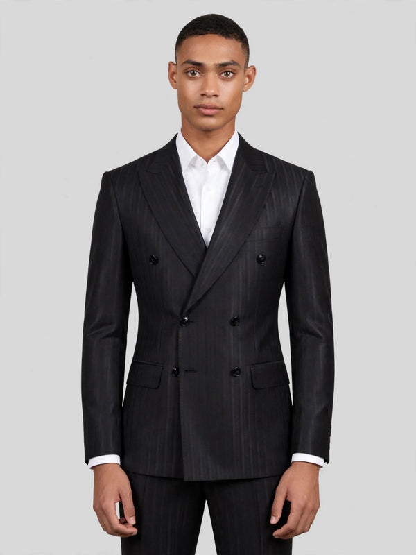 Charcoal Black Tonal-Stripe Six-Button Peak-Lapel Double-Breasted Suit Jacket 01