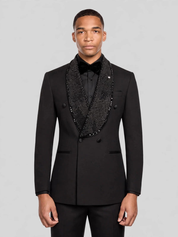 Onyx Jet Crystal-Mesh Shawl-Collar Double-Breasted Tuxedo Jacket 06