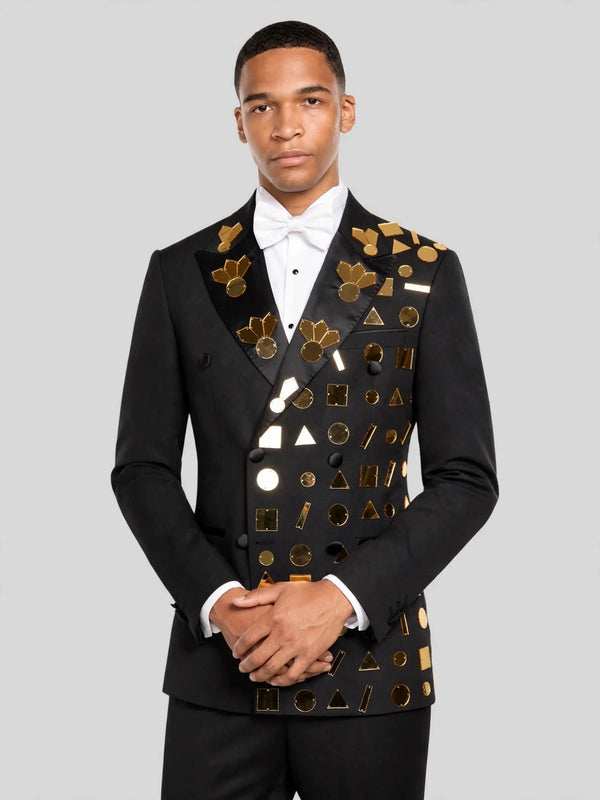 Onyx Gold Geometric Mirror Peak-Lapel Double-Breasted Tuxedo Jacket 03