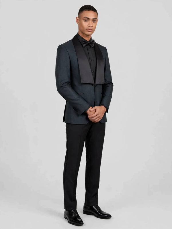 Slate Grey Diamond-Texture Satin Shawl-Collar Tuxedo Jacket 06