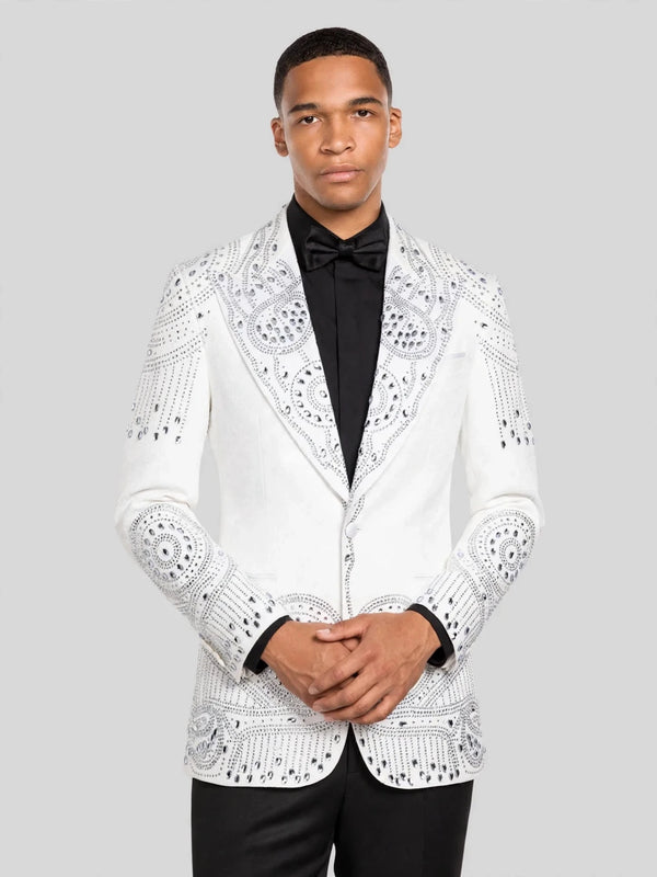 Ivory Silver Crystal Medallion Peak-Lapel Tuxedo Jacket 06