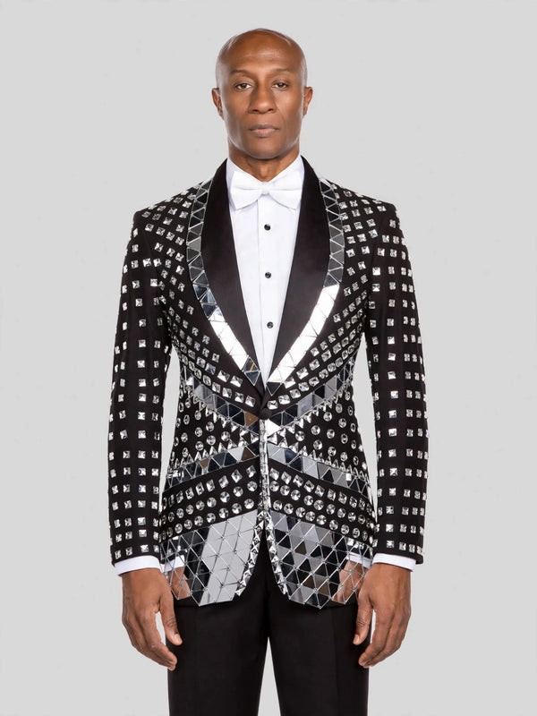 Onyx Silver Mirror-Mosaic Shawl-Collar Tuxedo Jacket - cover
