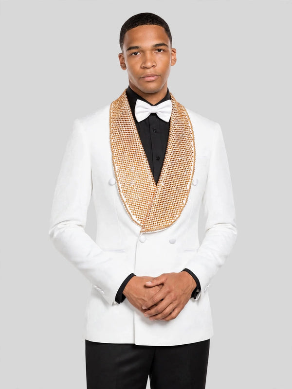 Ivory Gold Crystal-Mesh Shawl-Collar Double-Breasted Tuxedo Jacket 05