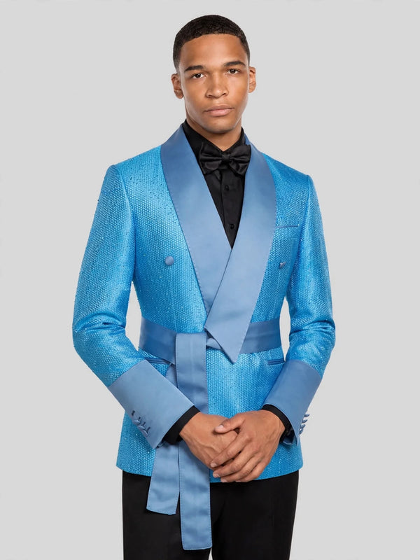 Turquoise Micro-Weave Dusty-Blue Satin Shawl-Collar Belted Double-Breasted Tuxedo Jacket 06