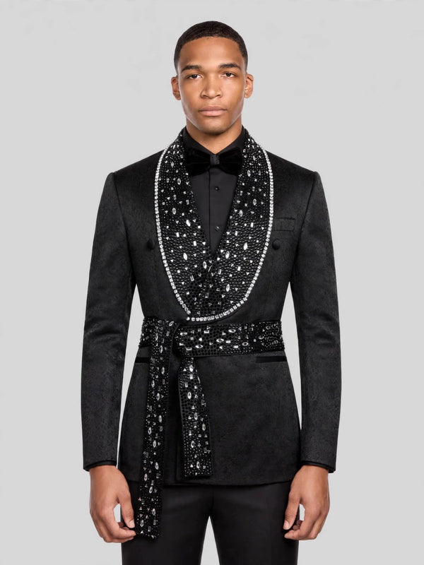 Onyx Silver Crystal Belted Shawl-Collar Double-Breasted Tuxedo Jacket 06