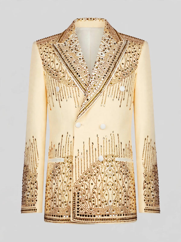 Cream Champagne Mirror-Stud Cascade Peak-Lapel Double-Breasted Tuxedo Jacket 07