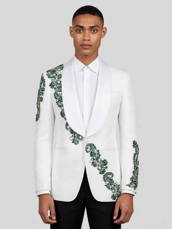 Ivory Emerald Crystal Vine Shawl-Collar Tuxedo Jacket 01