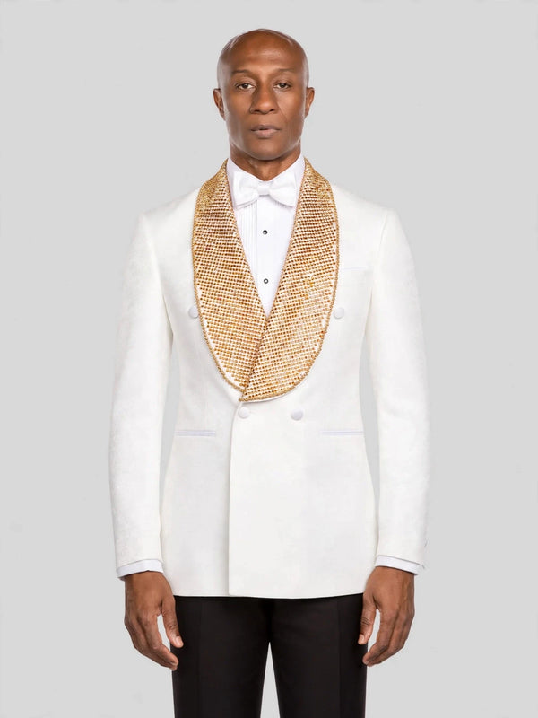 Ivory Amber Crystal-Mesh Shawl-Collar Double-Breasted Tuxedo Jacket - cover