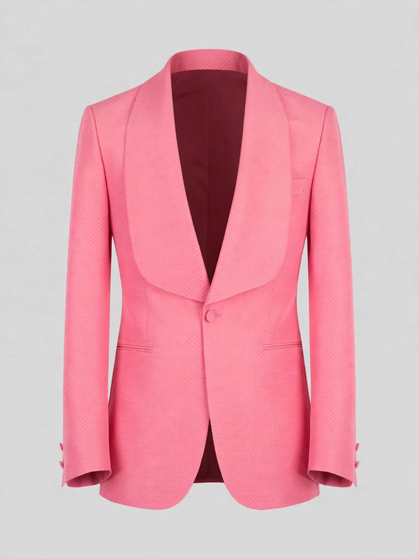 Coral Pink Diamond-Texture Shawl-Collar Tuxedo Jacket 07