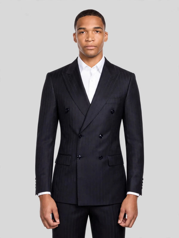 Onyx Pinstripe Six-Button Peak-Lapel Double-Breasted Suit Jacket 01