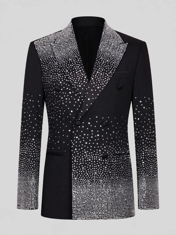 Onyx Silver Crystal-Dot Diagonal Peak-Lapel Double-Breasted Tuxedo Jacket 07