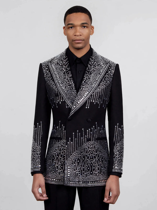 Onyx Silver Crystal Drip Peak-Lapel Double-Breasted Tuxedo Jacket 04