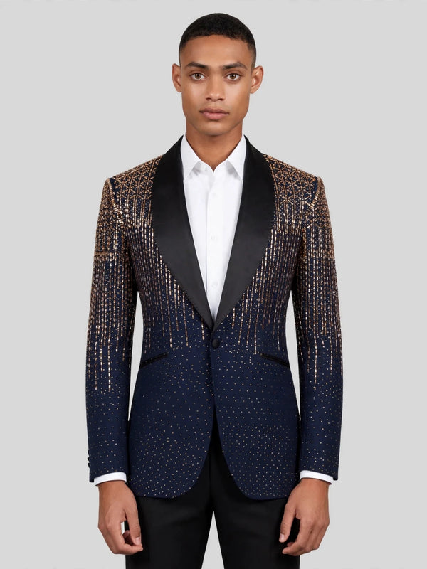 Midnight Gold Crystal Gradient Shawl-Collar Tuxedo Jacket 01