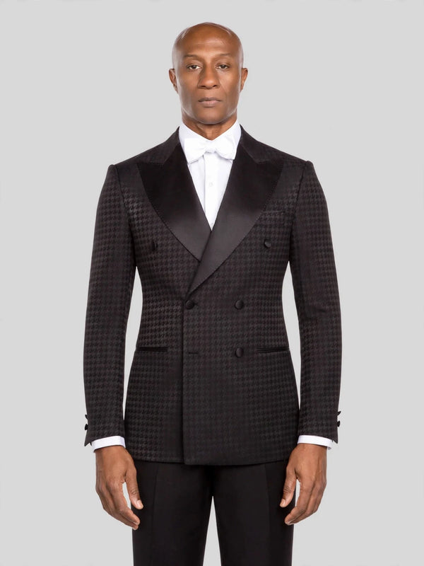 Onyx Black Houndstooth Satin Peak-Lapel Six-Button Double-Breasted Tuxedo Jacket - cover