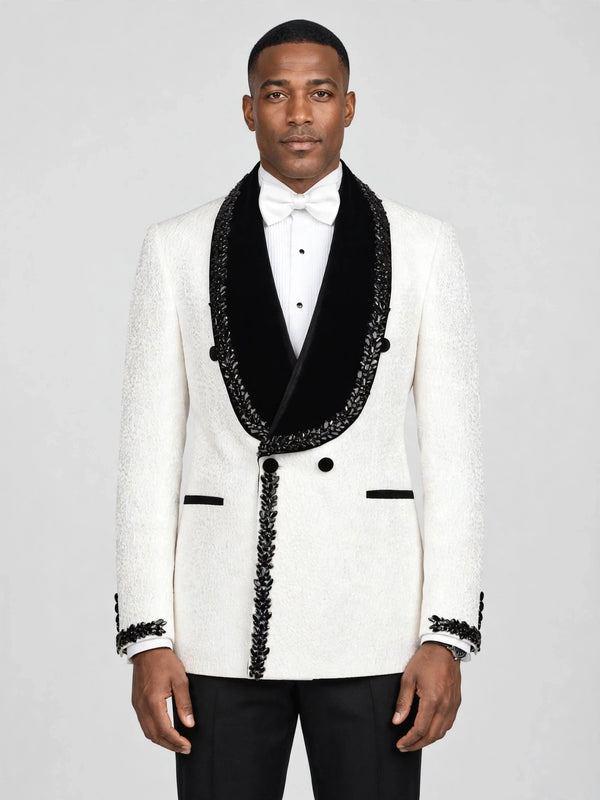 Ivory Jet-Leaf Velvet Shawl-Collar Double-Breasted Tuxedo Jacket - cover