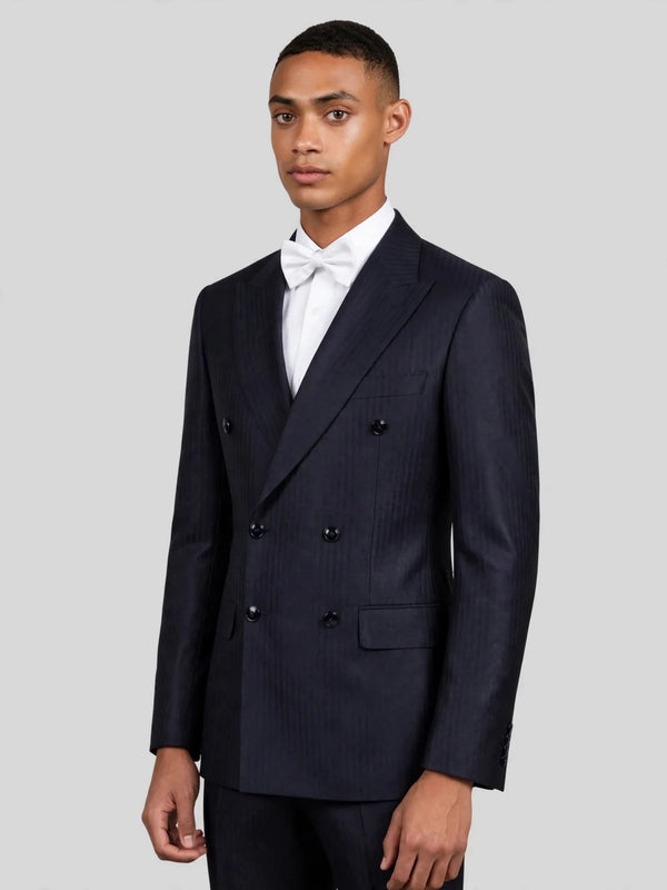Midnight Navy Shadow-Stripe Peak-Lapel Double-Breasted Suit Jacket 03