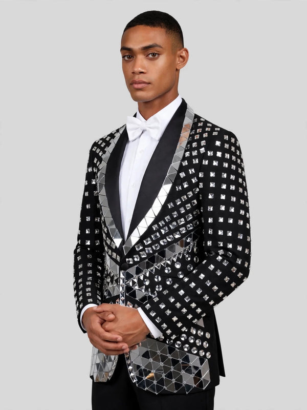 Onyx Silver Mirror-Mosaic Shawl-Collar Tuxedo Jacket 03