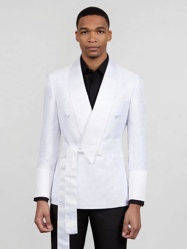 Snow White Micro-Dot Satin Shawl-Collar Belted Double-Breasted Tuxedo Jacket 04