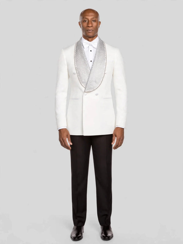 Ivory Silver Crystal-Mesh Shawl-Collar Double-Breasted Tuxedo Jacket - cover