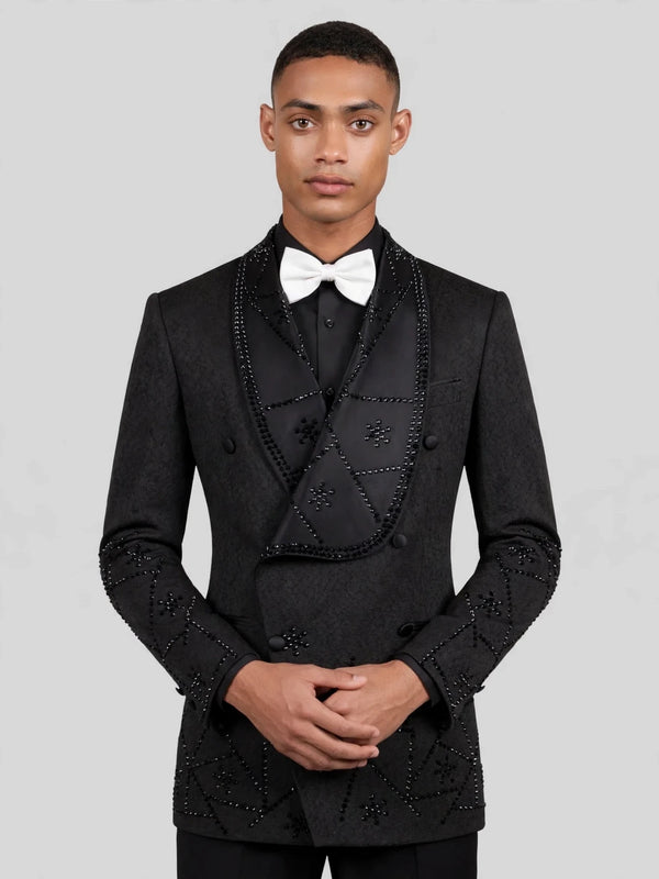 Onyx Jet Constellation-Bead Shawl-Collar Double-Breasted Tuxedo Jacket 05