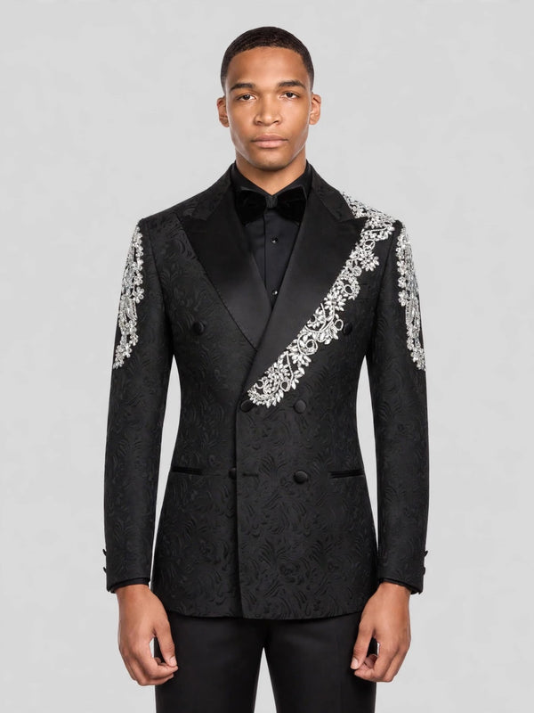 Onyx Silver Crystal Double-Breasted Tuxedo Jacket 06