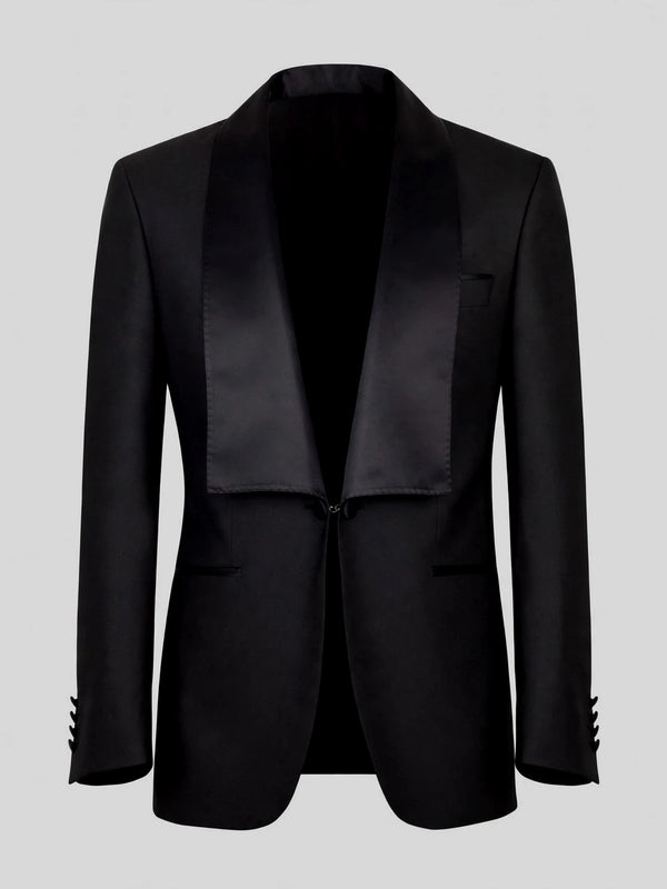 Onyx Square-End Satin Shawl-Collar Link-Front Tuxedo Jacket 07