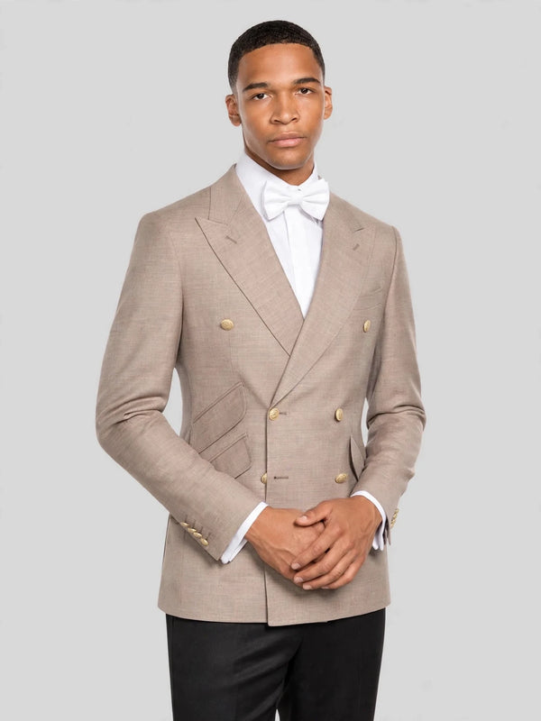 Taupe Gold-Button Slant-Flap Peak-Lapel Double-Breasted Suit Jacket 03