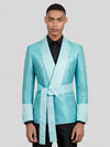 Aqua Mint Micro-Weave Satin Sash-Belt Shawl-Collar Tuxedo Jacket 04
