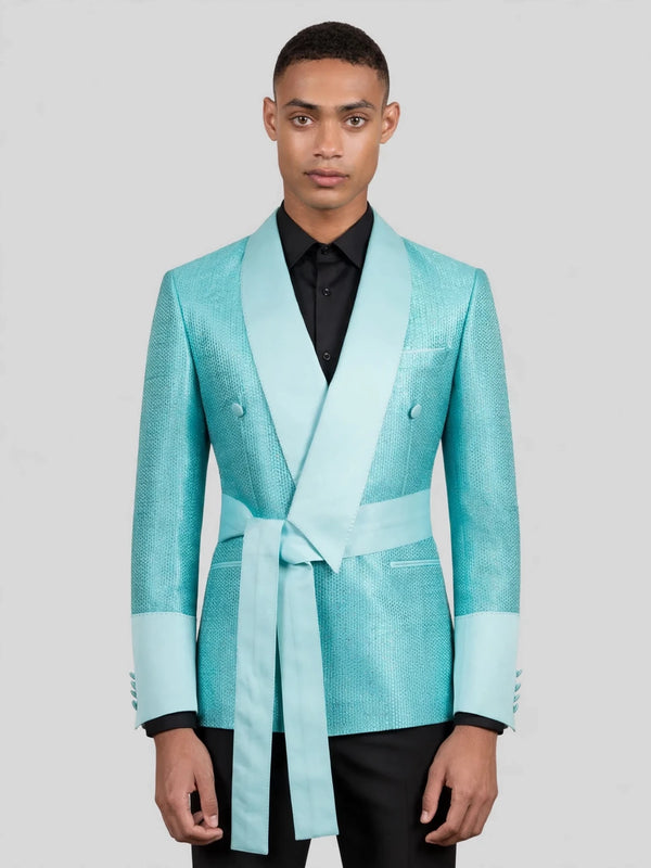 Aqua Mint Micro-Weave Satin Sash-Belt Shawl-Collar Tuxedo Jacket 04