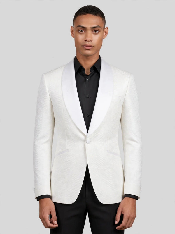 Ivory Diamond-Texture Satin Shawl-Collar Tuxedo Jacket 04