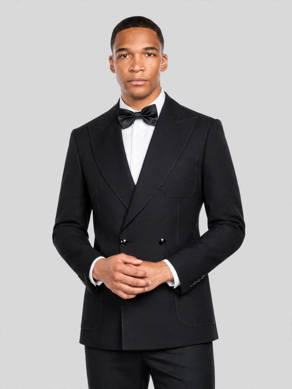 Onyx Pick-Stitch Patch-Pocket Peak-Lapel Double-Breasted Tuxedo Jacket 02