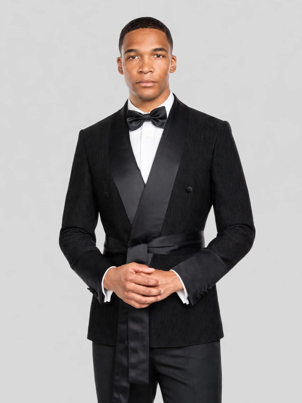 Onyx Ribbed-Weave Satin Shawl-Collar Sash-Belt Two-Button Double-Breasted Tuxedo Jacket 02