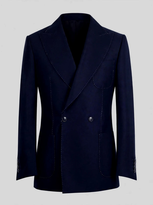 Midnight Navy Bold Pick-Stitch Patch-Pocket Peak-Lapel Double-Breasted Tuxedo Jacket 07