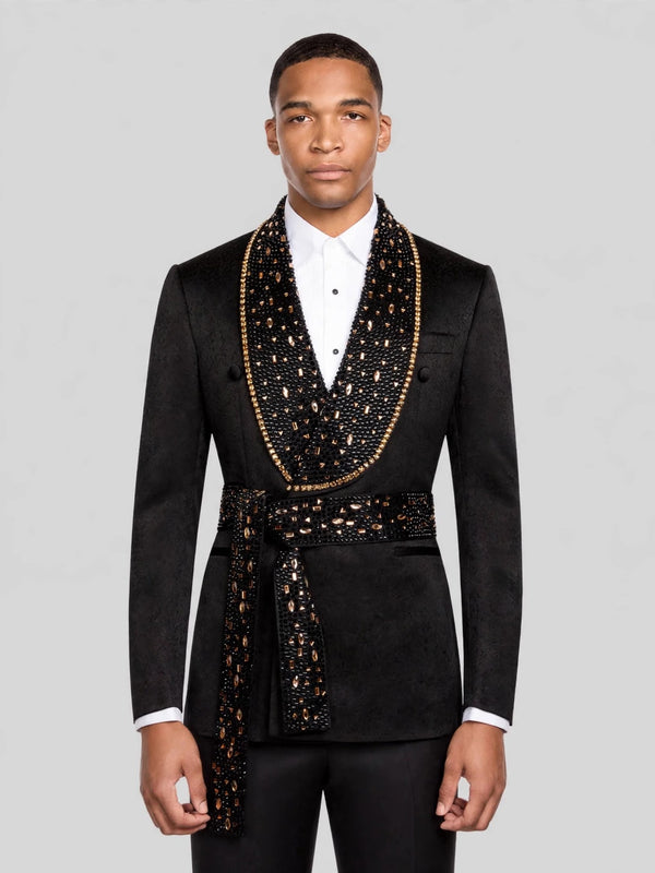 Onyx Gold Crystal Belted Shawl-Collar Double-Breasted Tuxedo Jacket 01