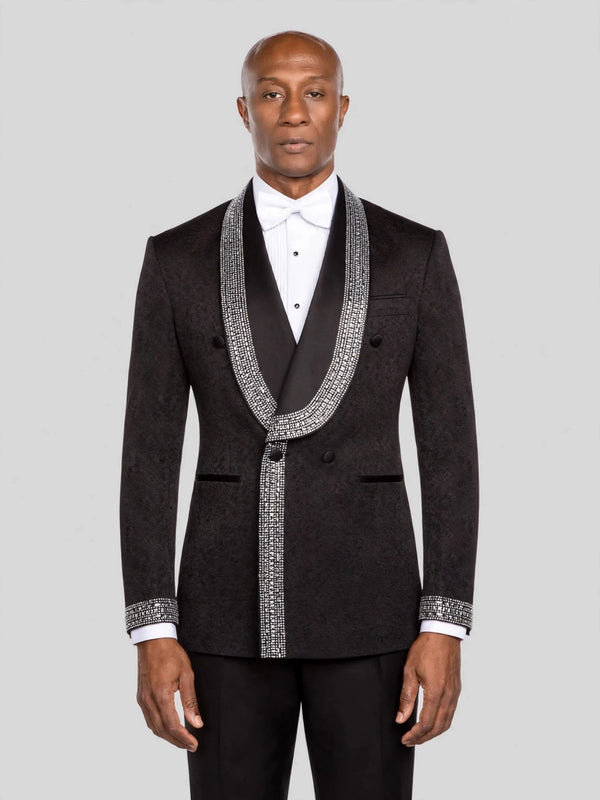 Onyx Silver Crystal-Grid Shawl-Collar Double-Breasted Tuxedo Jacket - cover