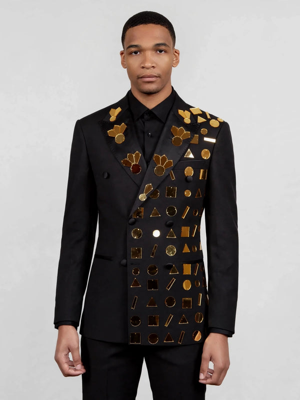 Onyx Gold Geometric Mirror Peak-Lapel Double-Breasted Tuxedo Jacket 04