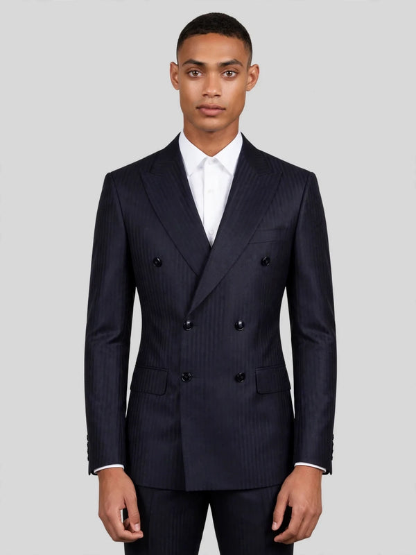 Midnight Navy Shadow-Stripe Peak-Lapel Double-Breasted Suit Jacket 01