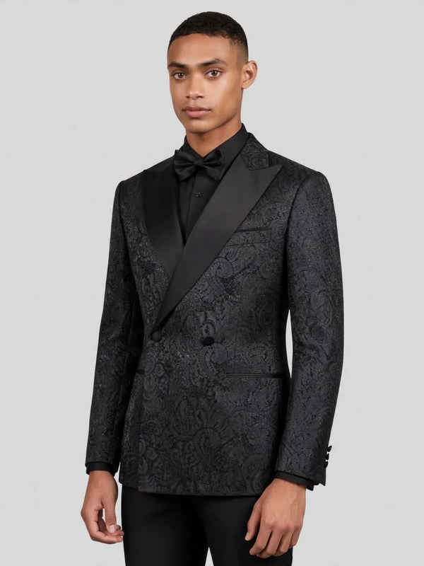Onyx Tonal Paisley Satin Peak-Lapel Double-Breasted Tuxedo Jacket 06