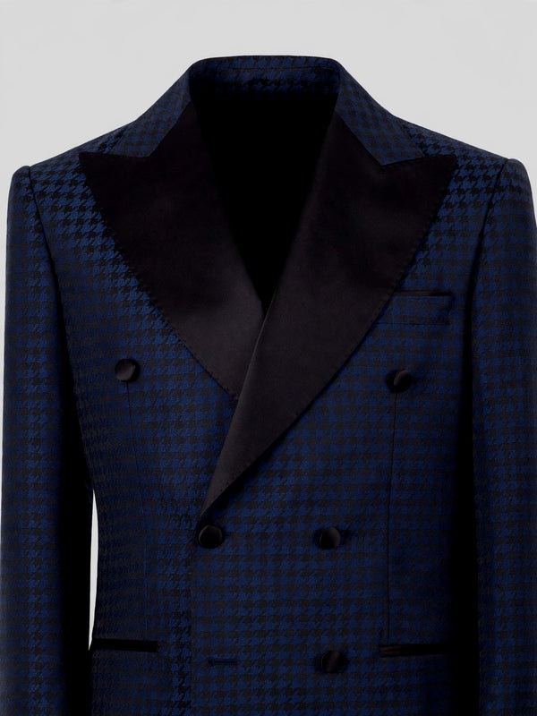 Navy Black Houndstooth Satin Peak-Lapel Double-Breasted Tuxedo Jacket 08