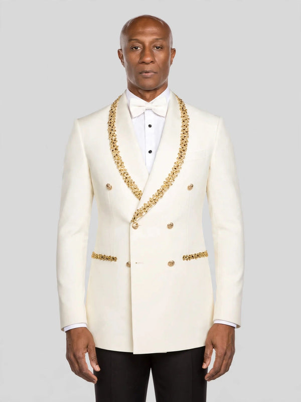 Ivory Gold Crystal-Mesh Shawl-Collar Double-Breasted Tuxedo Jacket - cover