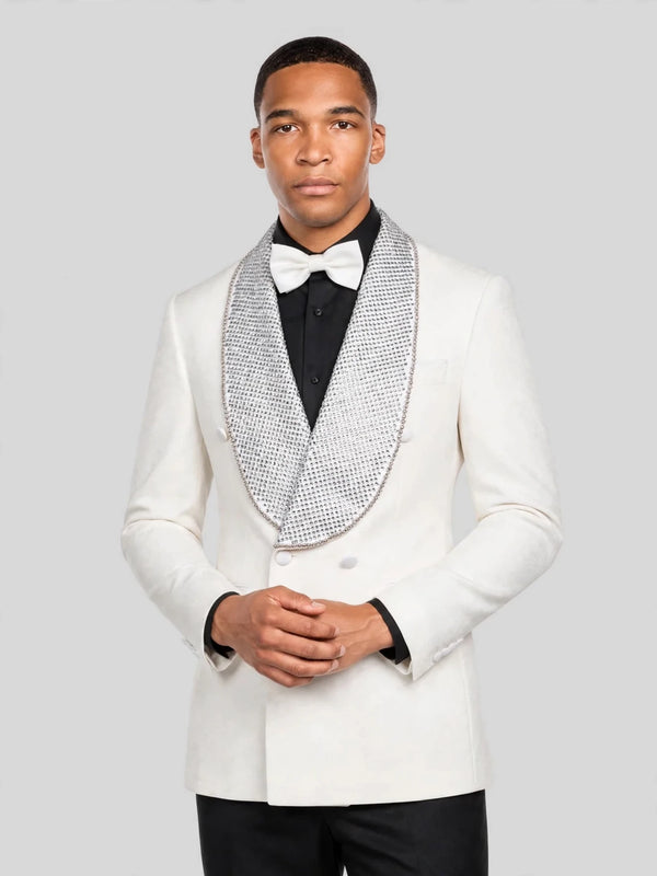 Ivory Silver Crystal-Mesh Shawl-Collar Double-Breasted Tuxedo Jacket 05